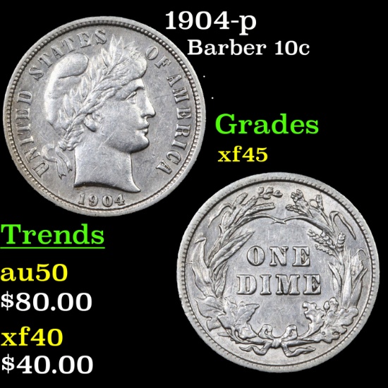 1904-p Barber Dime 10c Grades xf+