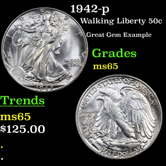 1942-p Walking Liberty Half Dollar 50c Grades GEM Unc