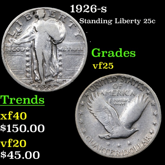 1926-s Standing Liberty Quarter 25c Grades vf+