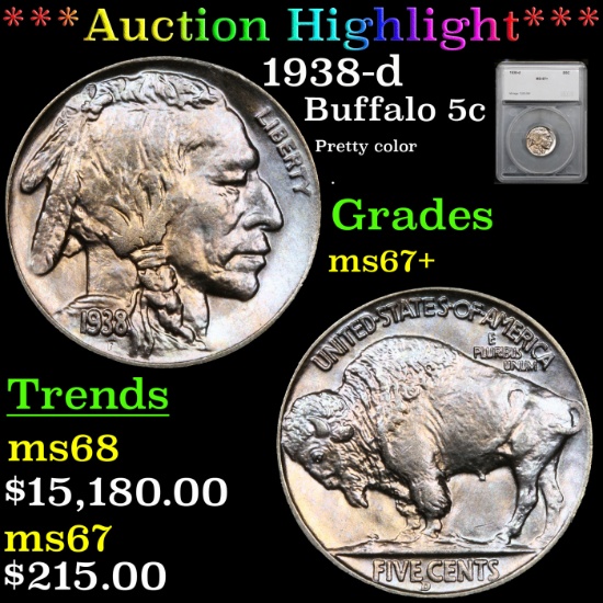 ***Auction Highlight*** 1938-d Buffalo Nickel 5c Graded ms67+ By SEGS (fc)