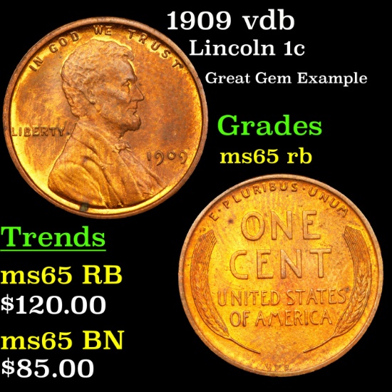 1909 vdb Lincoln Cent 1c Grades GEM Unc RB