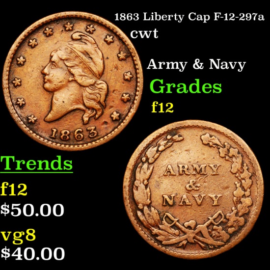 1863 Liberty Cap F-12-297a Civil War Token 1c Grades f, fine