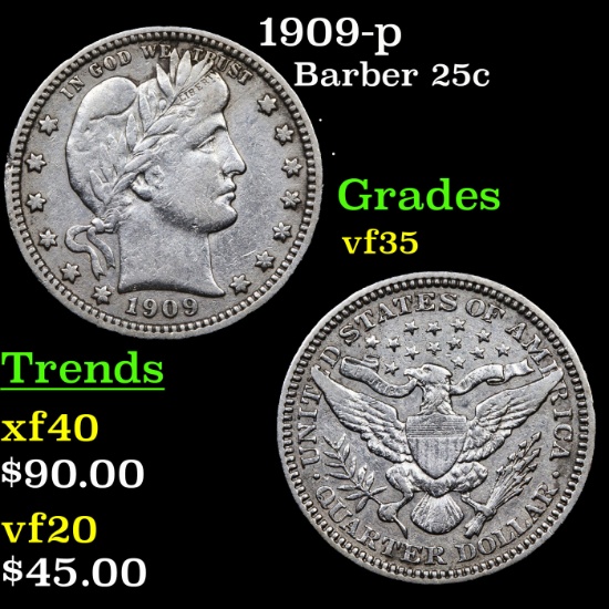 1909-p Barber Quarter 25c Grades vf++