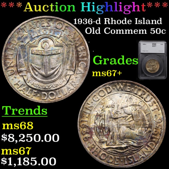 ***Auction Highlight*** 1936-d Rhode Island Old Commem Half Dollar 50c Graded ms67+ By SEGS (fc)