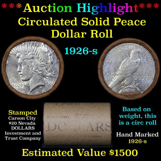 ***Auction Highlight*** Full solid Date 1926-s Peace silver dollar roll, 20 coin (fc)