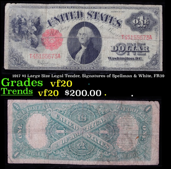 1917 $1 Large Size Legal Tender, Signatures of Spellman & White, FR39  Grades vf, very fine