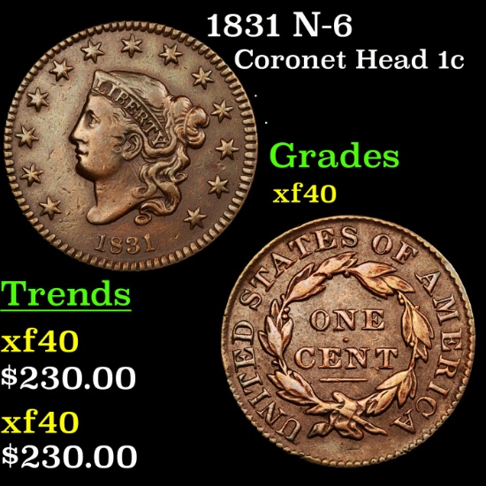 1831 N-6 Coronet Head Large Cent 1c Grades xf