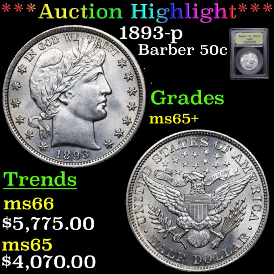 ***Auction Highlight*** 1893-p Barber Half Dollars 50c Graded GEM+ Unc By USCG (fc)