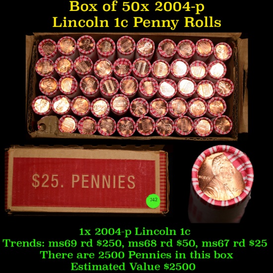 ***Auction Highlight*** Box of 50 Rolls of 2004-p Gem Unc Lincoln Cents 1c, 50 Coins Each 2500 Coins