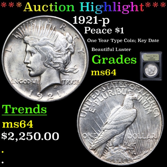 ***Auction Highlight*** 1921-p Peace Dollar $1 Graded Choice Unc By USCG (fc)