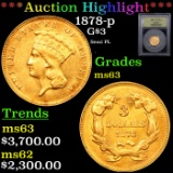 ***Auction Highlight*** 1878-p Three Dollar Gold 3 Graded Select Unc By USCG (fc)