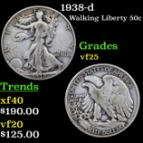 1938-d Walking Liberty Half Dollar 50c Grades vf+
