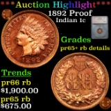 Proof ***Auction Highlight*** 1892 Proof Indian Cent 1c Graded pr65+ rb details By SEGS (fc)