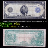 1914 $5 Large Size Blue Seal Federal Reserve Note, Richmond, VA 5-E Grades vf, very fine