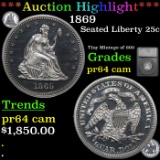Proof ***Auction Highlight*** 1869 Seated Liberty Quarter 25c Graded pr64 cam By SEGS (fc)