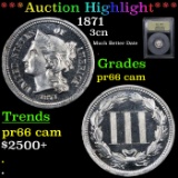 Proof ***Auction Highlight*** 1871 Three Cent Copper Nickel 3cn Graded GEM+ Proof Cameo By USCG (fc)