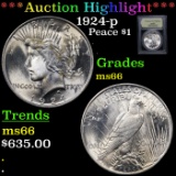 ***Auction Highlight*** 1924-p Peace Dollar $1 Graded GEM+ Unc By USCG (fc)