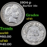 1904-p Barber Dime 10c Grades xf+