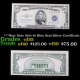 ***Star Note 1953 $5 Blue Seal Silver Certificate Grades vf++