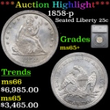***Auction Highlight*** 1858-p Seated Liberty Quarter 25c Graded ms65+ By SEGS (fc)