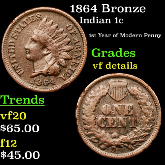 1864 Bronze Indian Cent 1c Grades vf details
