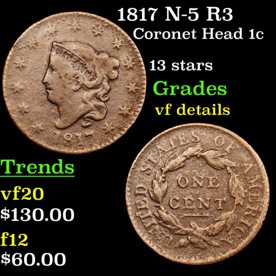 1817 N-5 R3 Coronet Head Large Cent 1c Grades vf details