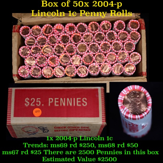 Box of 50 Rolls of 2004-p Gem Unc Lincoln Cents 1c, 50 Coins Each 2500 Coins total