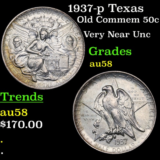1937-p Texas Old Commem Half Dollar 50c Grades Choice AU/BU Slider