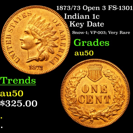 1873/73 Open 3 FS-1301 Indian Cent 1c Grades AU, Almost Unc