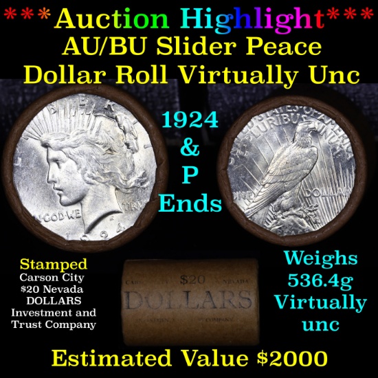 ***Auction Highlight*** AU/BU Slider Shotgun Nevada Invest & Trust Co Peace $1 Roll 1924 & P Ends Vi