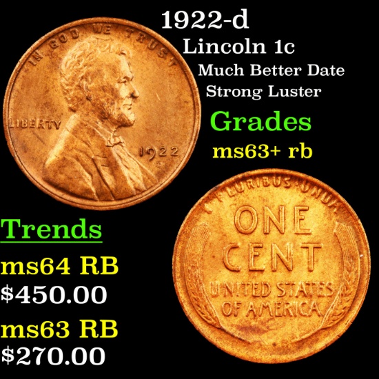 1922-d Lincoln Cent 1c Grades Select+ Unc RB