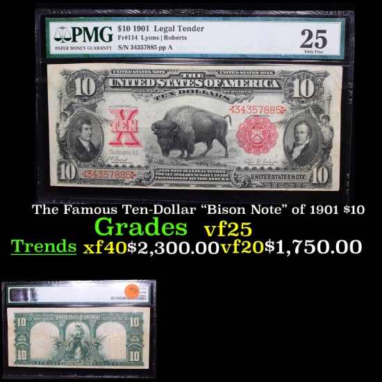 The Famous Ten-Dollar "Bison Note" of 1901 $10 Graded vf25 BY PMG