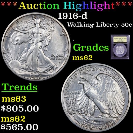 ***Auction Highlight*** 1916-d Walking Liberty Half Dollar 50c Graded Select Unc By USCG (fc)