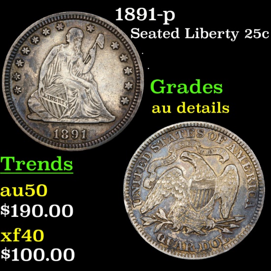 1891-p Seated Liberty Quarter 25c Grades AU Details