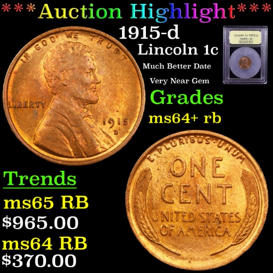 ***Auction Highlight*** 1915-d Lincoln Cent 1c Graded Choice+ Unc RB By USCG (fc)