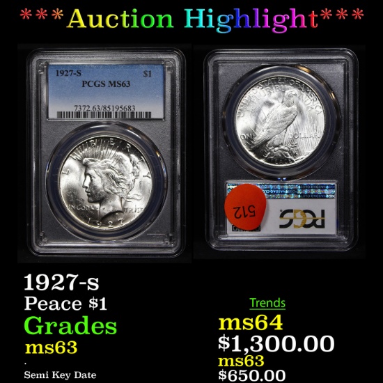 ***Auction Highlight*** PCGS 1927-s Peace Dollar $1 Graded ms63 By PCGS (fc)