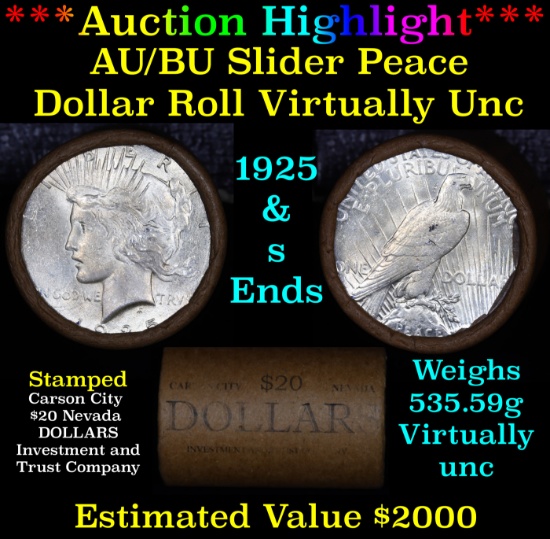 ***Auction Highlight*** AU/BU Slider Shotgun Nevada Invest & Trust Co Peace $1 Roll 1925 & S Ends Vi