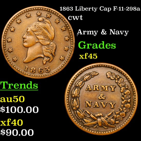 1863 Liberty Cap F-11-298a Civil War Token 1c Grades xf+