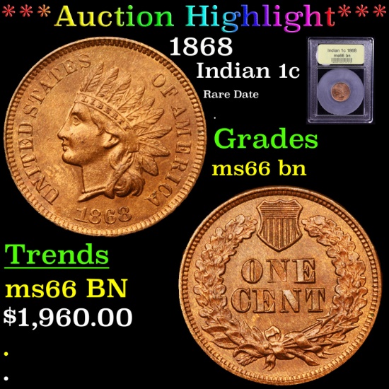 ***Auction Highlight*** 1868 Indian Cent 1c Graded GEM+ Unc BN By USCG (fc)