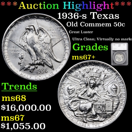 ***Auction Highlight*** 1936-s Texas Old Commem Half Dollar 50c Graded ms67+ By SEGS (fc)