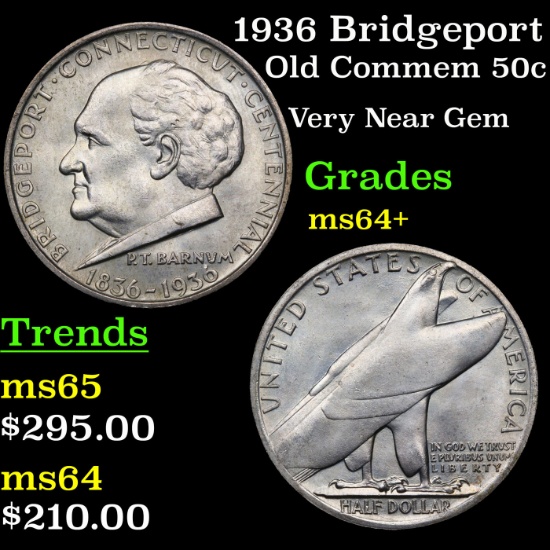 1936 Bridgeport Old Commem Half Dollar 50c Grades Choice+ Unc