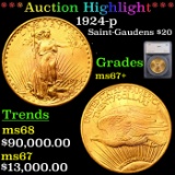 *HIGHLIGHT OF ENTIRE AUCTION* 1924-p Saint-Gaudens $20 Gold Double Eagle Graded ms67+ By SEGS (fc)