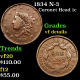 1834 N-3 Coronet Head Large Cent 1c Grades vf details