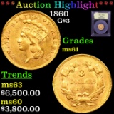 ***Auction Highlight*** 1860 Three Dollar Gold 3 Graded BU+ By USCG (fc)