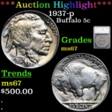 ***Auction Highlight*** 1937-p Buffalo Nickel 5c Graded ms67 By SEGS (fc)