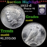 ***Auction Highlight*** 1922-d Peace Dollar $1 Graded GEM+ Unc By USCG (fc)