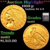 ***Auction Highlight*** 1909-p Gold Indian Quarter Eagle $2 1/2 Graded ms63 By SEGS (fc)