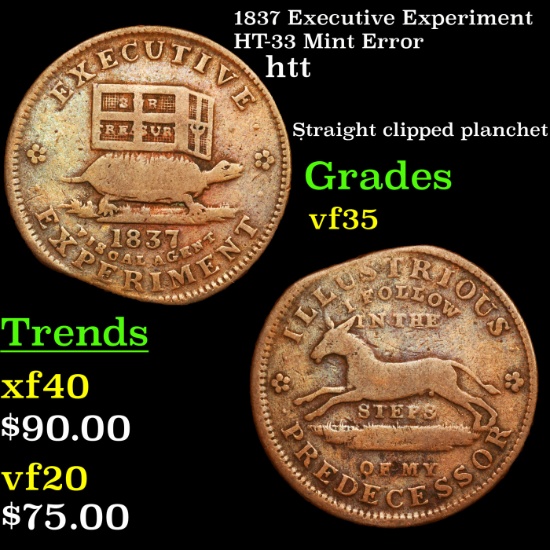 1837 Executive Experiment HT-33 Mint Error Hard Times Token 1c Grades vf++
