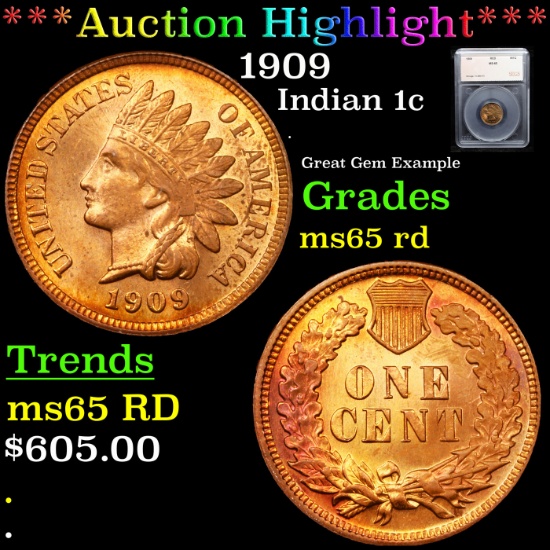 ***Auction Highlight*** 1909 Indian Cent 1c Graded ms65 rd By SEGS (fc)