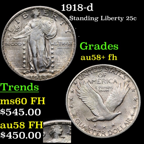 1918-d Standing Liberty Quarter 25c Grades Choice AU/BU Slider+ FH